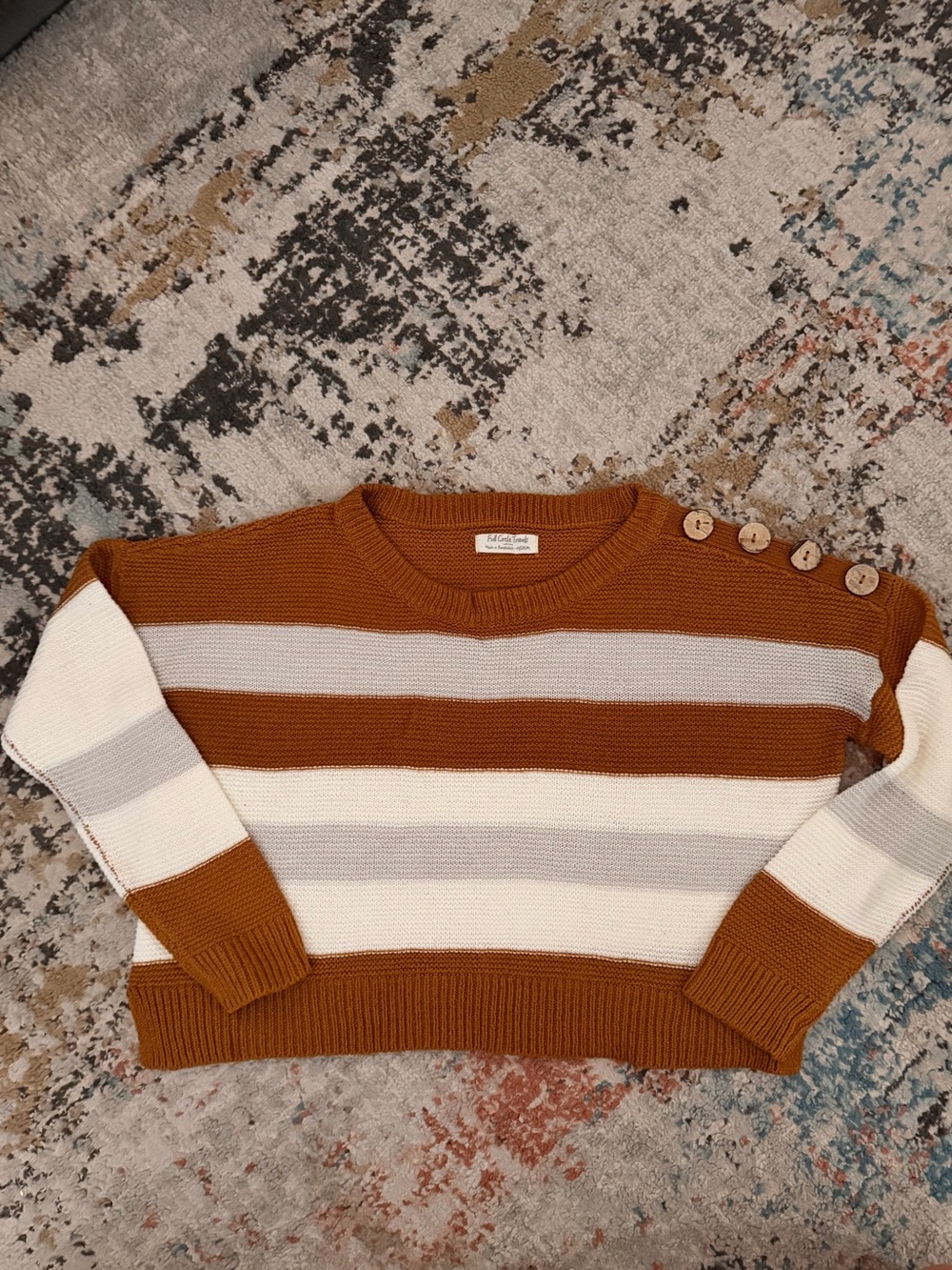 Button-Shoulder Striped Crewneck Sweater in Rust, White & Light Gray